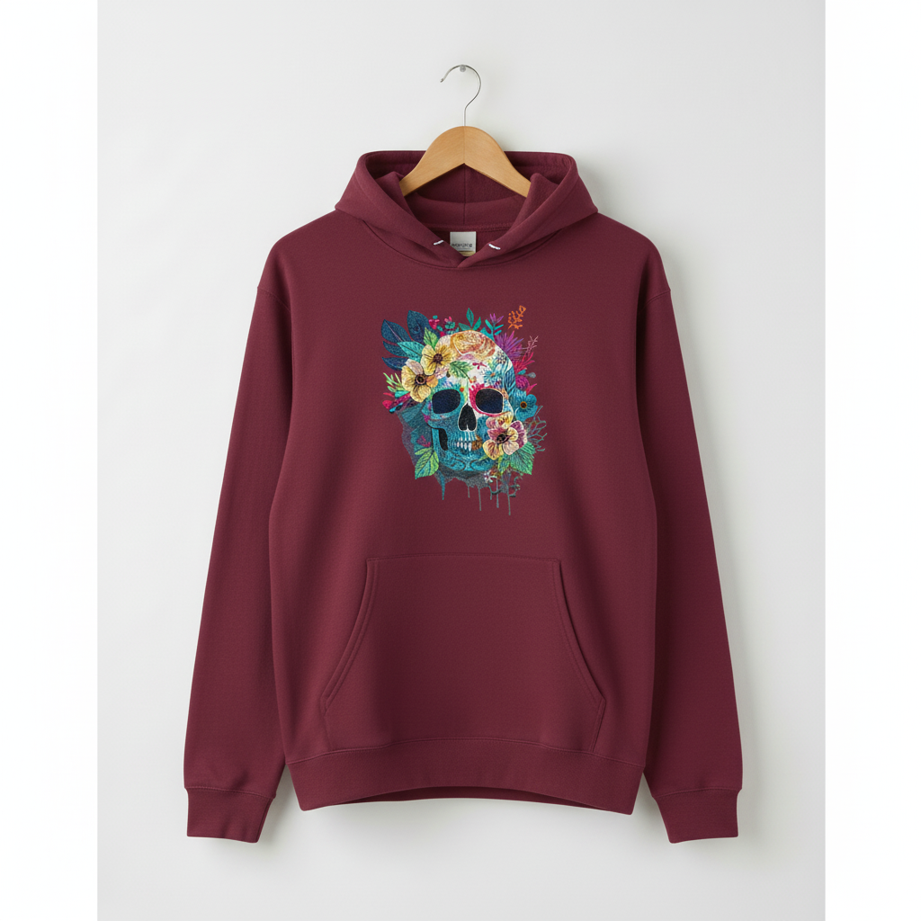 Floral Skull Machine Embroidered Hoodie – Hand Finished in Dubai | EmbroMania
