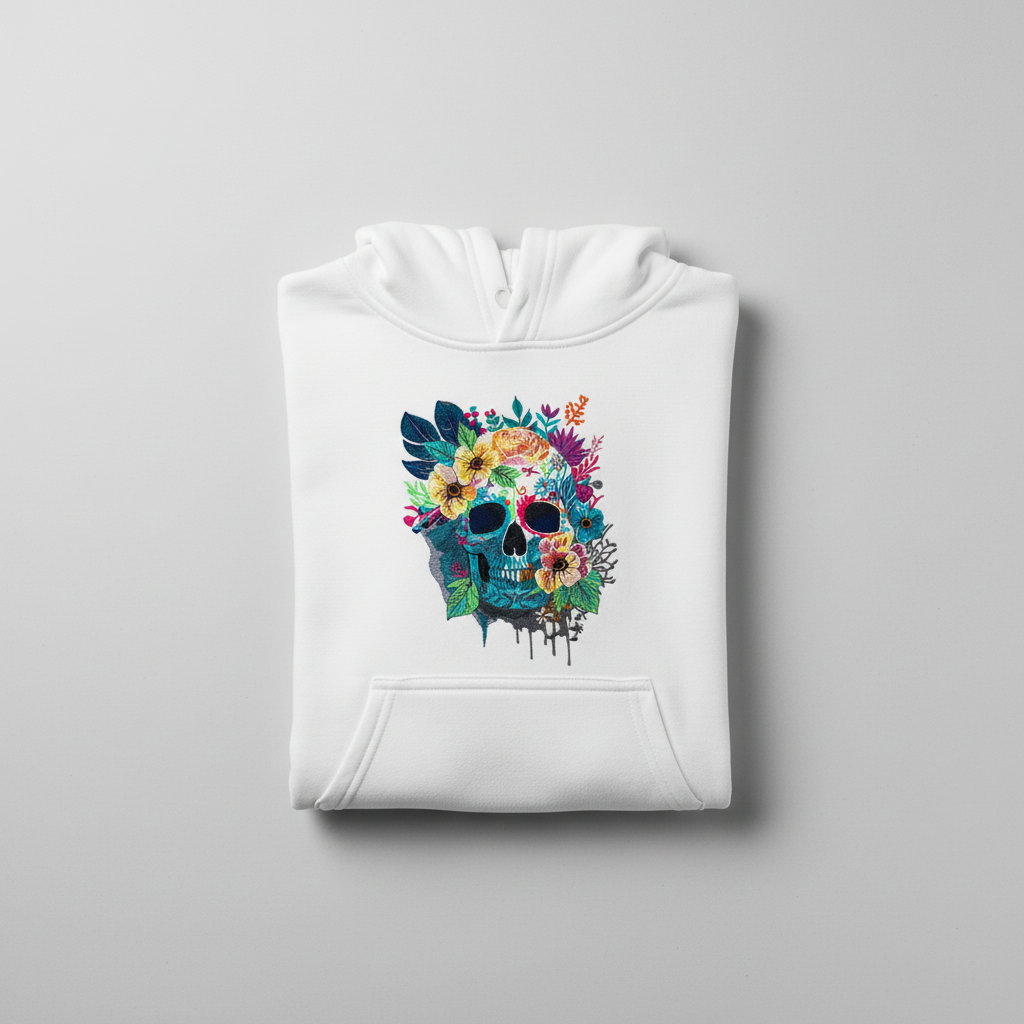 Floral Skull Machine Embroidered Hoodie – Hand Finished in Dubai | EmbroMania