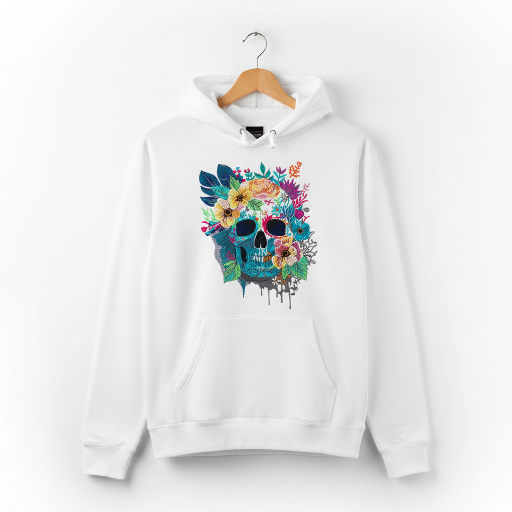 Floral Skull Machine Embroidered Hoodie – Hand Finished in Dubai | EmbroMania