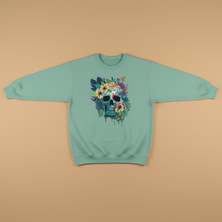 Floral Blue Skull Machine Embroidered Sweatshirt – Hand Finished in Dubai | EmbroMania