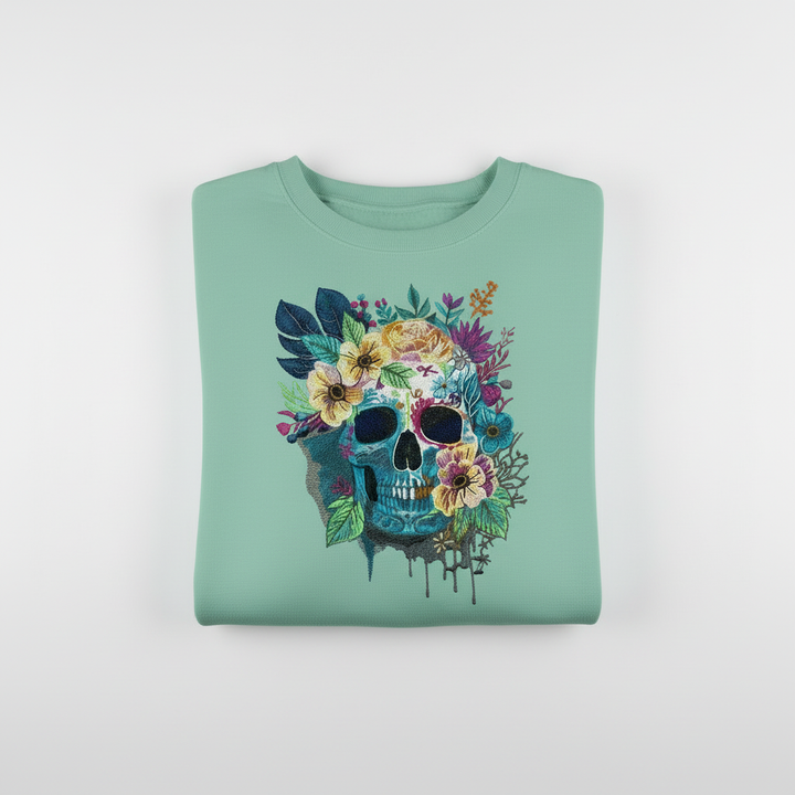 Floral Blue Skull Machine Embroidered Sweatshirt – Hand Finished in Dubai | EmbroMania