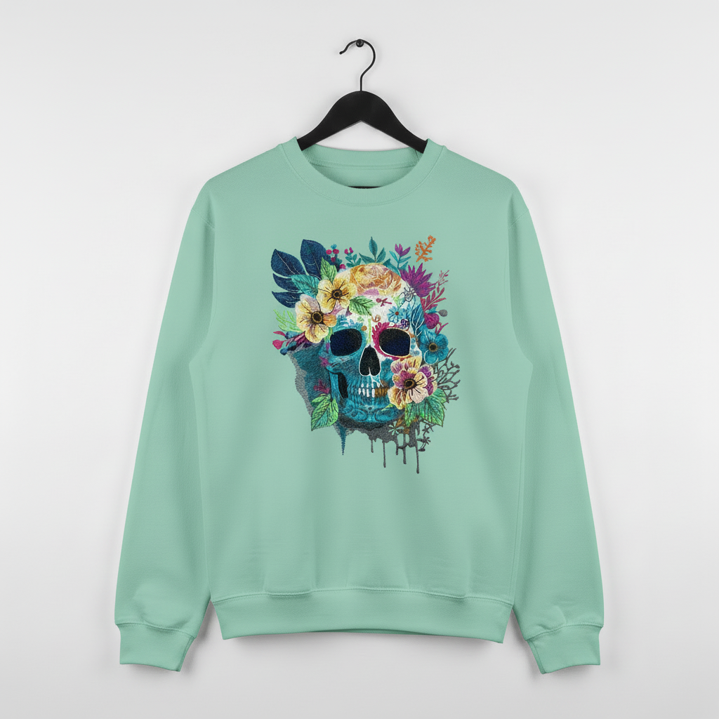 Floral Blue Skull Machine Embroidered Sweatshirt – Hand Finished in Dubai | EmbroMania