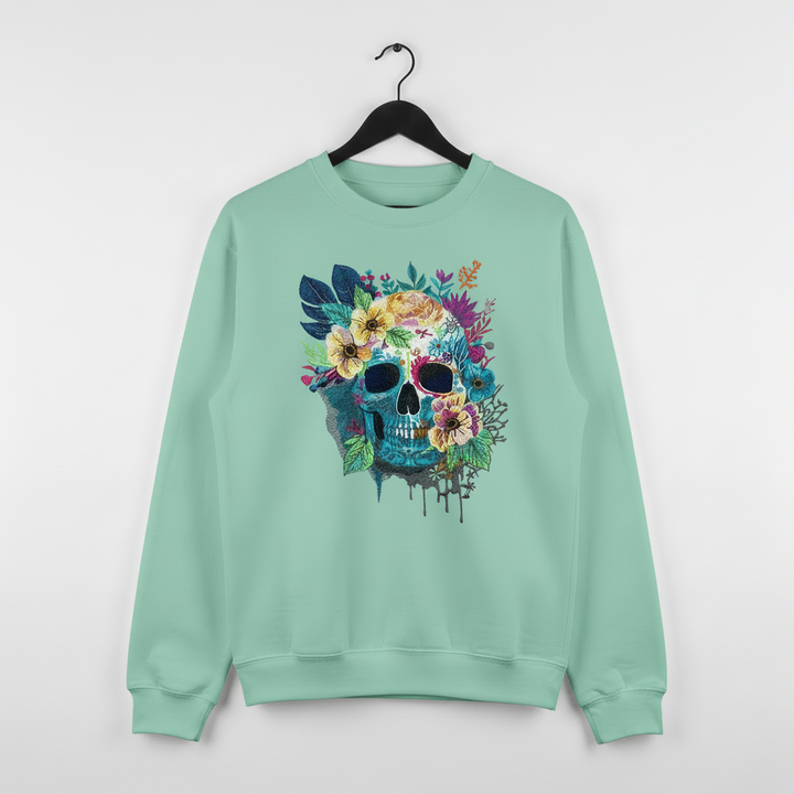 Floral Blue Skull Machine Embroidered Sweatshirt – Hand Finished in Dubai | EmbroMania