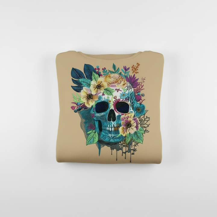Floral Blue Skull Machine Embroidered Sweatshirt – Hand Finished in Dubai | EmbroMania