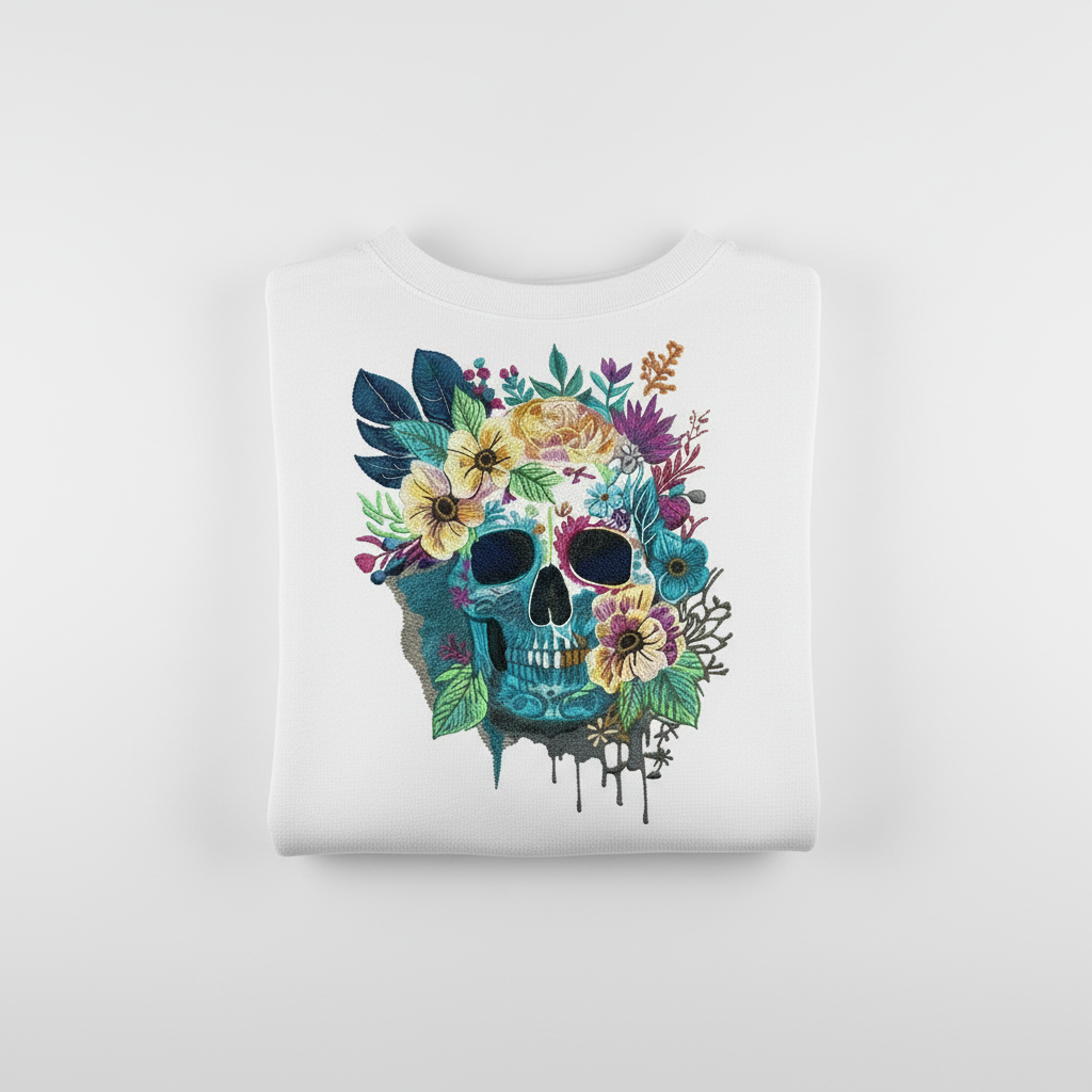 Floral Blue Skull Machine Embroidered Sweatshirt – Hand Finished in Dubai | EmbroMania