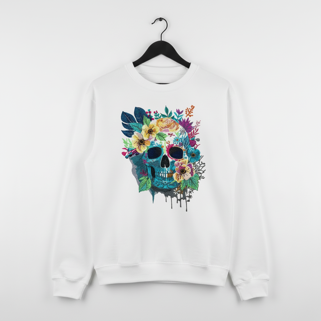 Floral Blue Skull Machine Embroidered Sweatshirt – Hand Finished in Dubai | EmbroMania