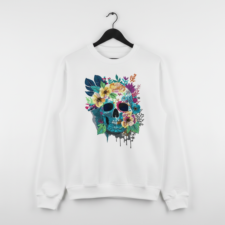Floral Blue Skull Machine Embroidered Sweatshirt – Hand Finished in Dubai | EmbroMania