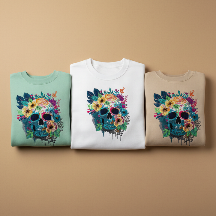 Floral Blue Skull Machine Embroidered Sweatshirt – Hand Finished in Dubai | EmbroMania