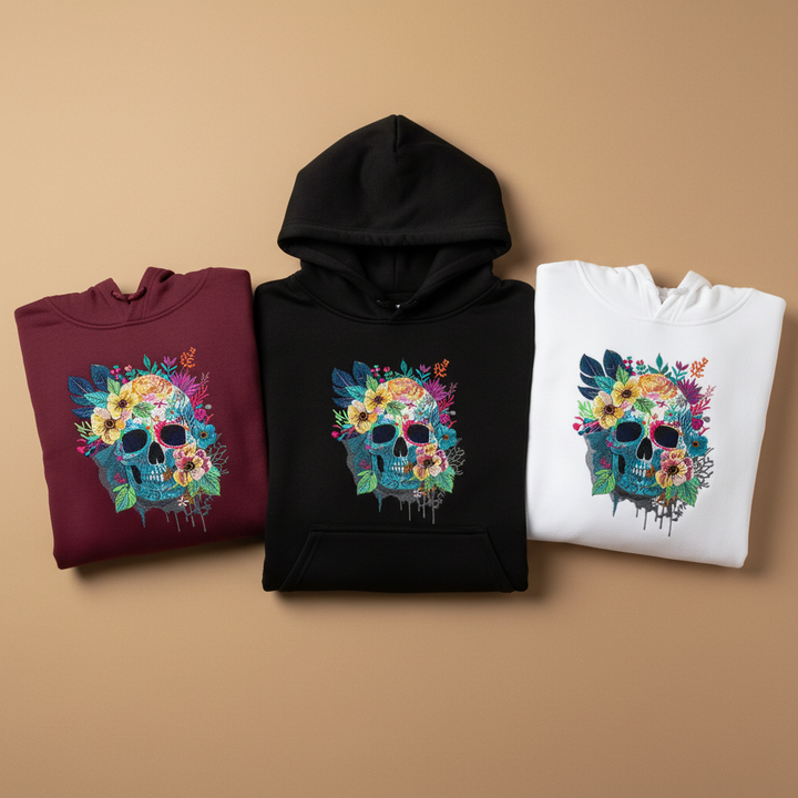 Floral Skull Machine Embroidered Hoodie – Hand Finished in Dubai | EmbroMania