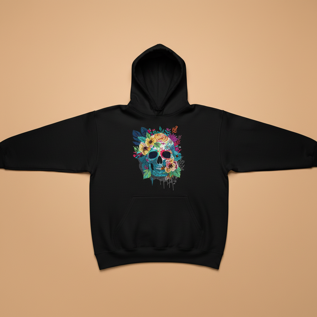 Floral Skull Machine Embroidered Hoodie – Hand Finished in Dubai | EmbroMania