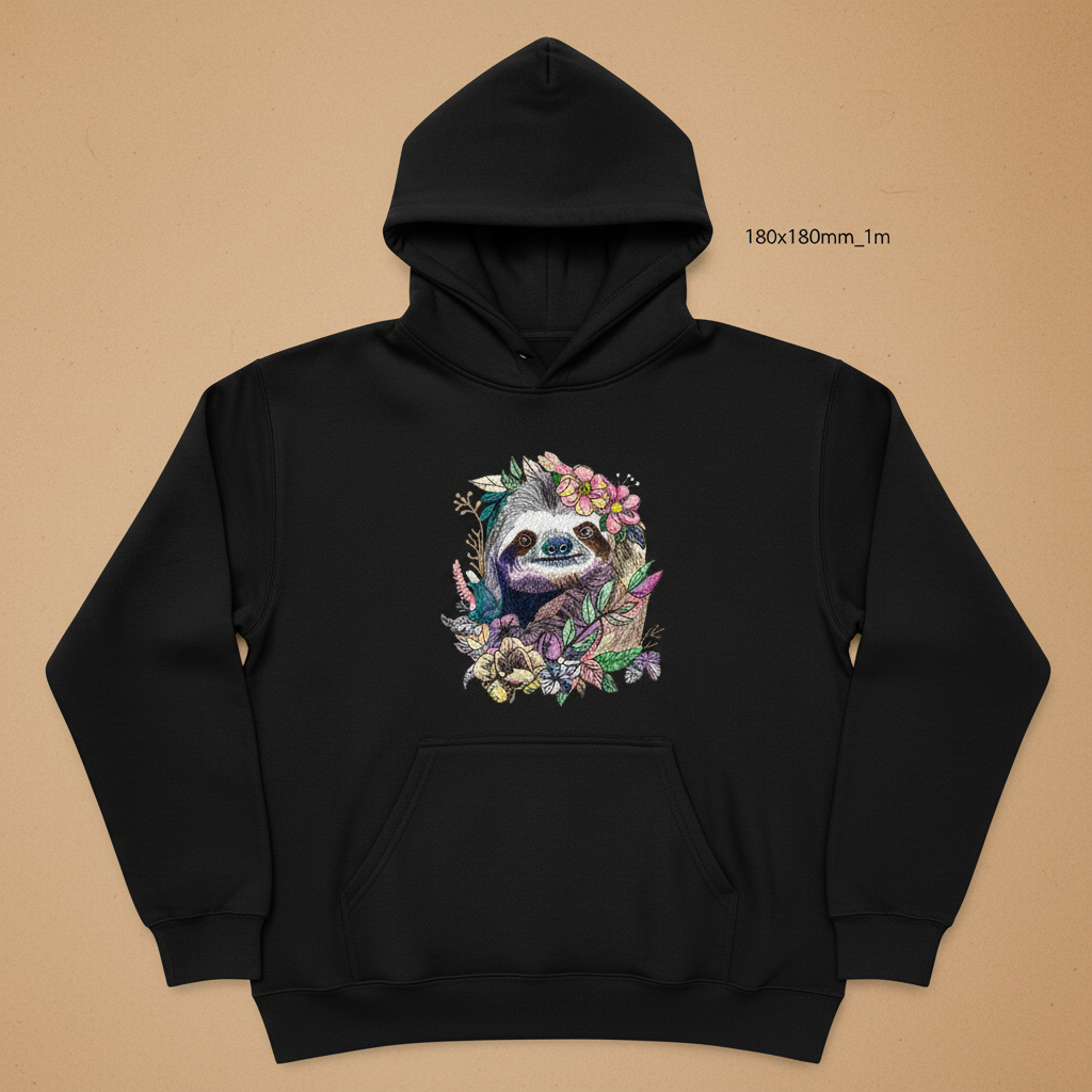 Floral Sloth Machine Embroidered Hoodie – Hand Finished in Dubai | EmbroMania