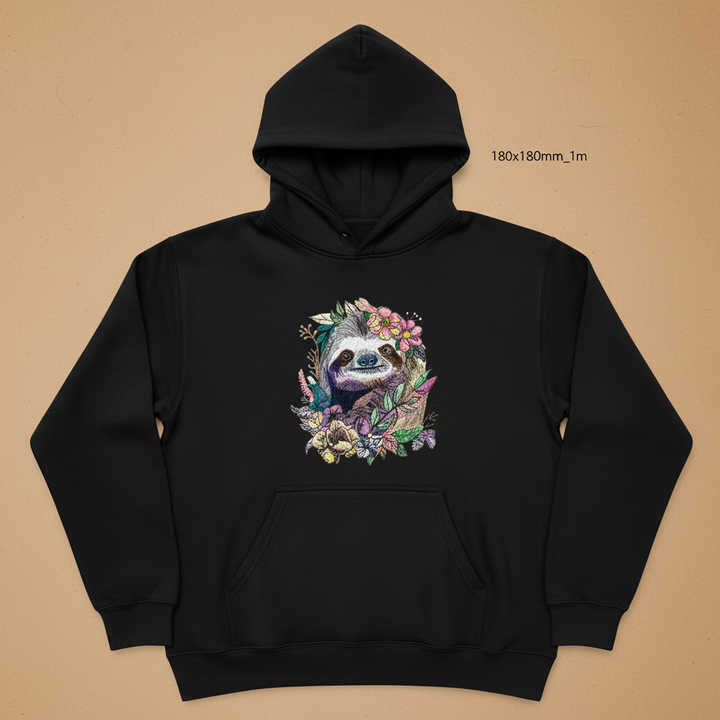 Floral Sloth Machine Embroidered Hoodie – Hand Finished in Dubai | EmbroMania