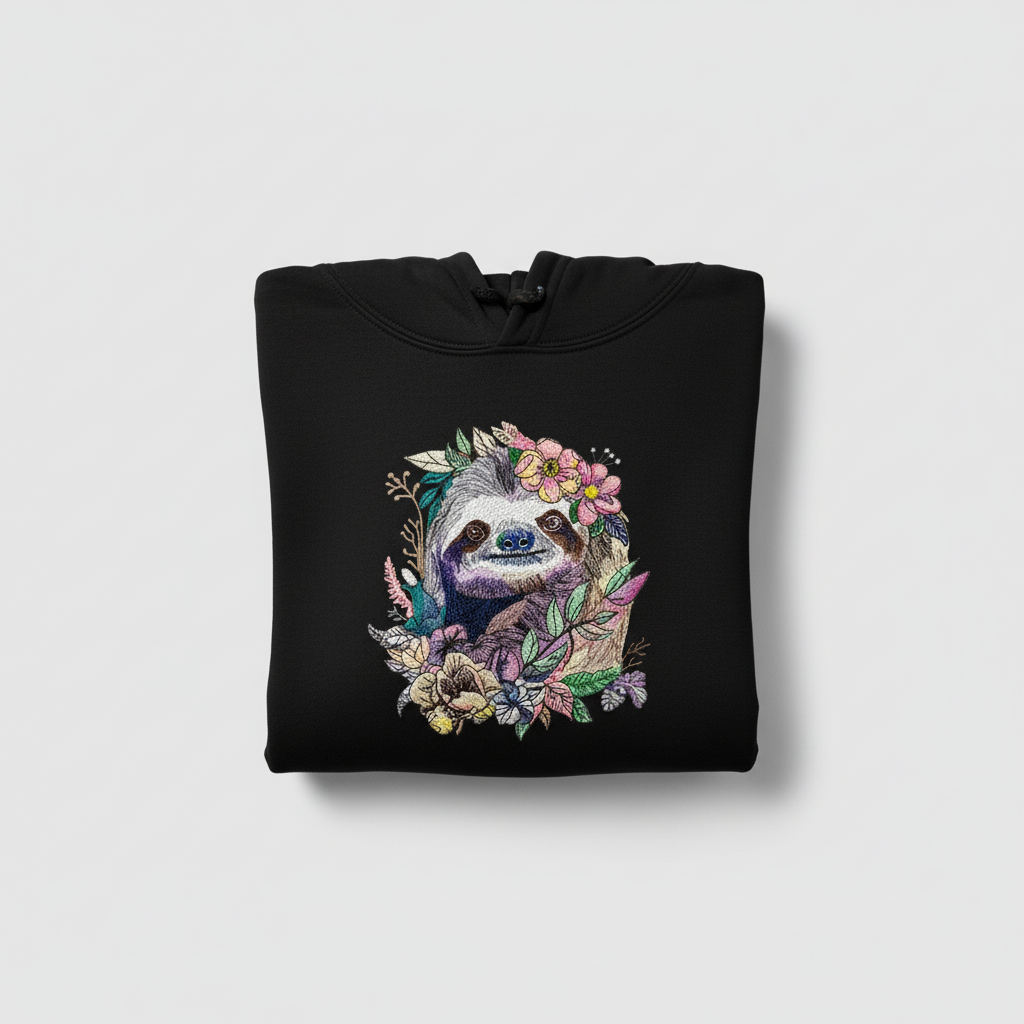 Floral Sloth Machine Embroidered Hoodie – Hand Finished in Dubai | EmbroMania