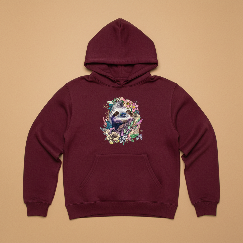 Floral Sloth Machine Embroidered Hoodie – Hand Finished in Dubai | EmbroMania