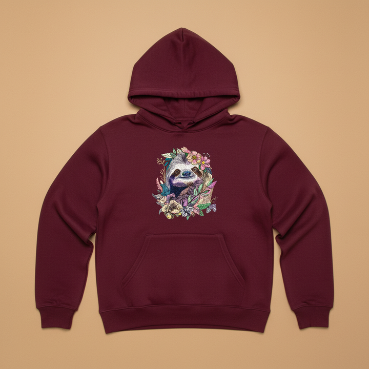 Floral Sloth Machine Embroidered Hoodie – Hand Finished in Dubai | EmbroMania