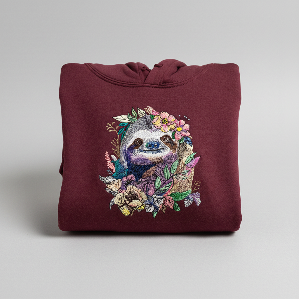 Floral Sloth Machine Embroidered Hoodie – Hand Finished in Dubai | EmbroMania