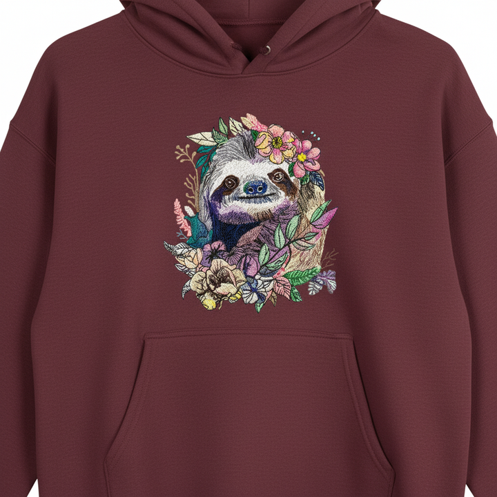 Floral Sloth Machine Embroidered Hoodie – Hand Finished in Dubai | EmbroMania
