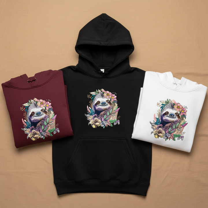 Floral Sloth Machine Embroidered Hoodie – Hand Finished in Dubai | EmbroMania