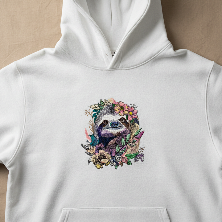 Floral Sloth Machine Embroidered Hoodie – Hand Finished in Dubai | EmbroMania