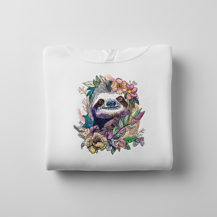 Floral Sloth Machine Embroidered Hoodie – Hand Finished in Dubai | EmbroMania