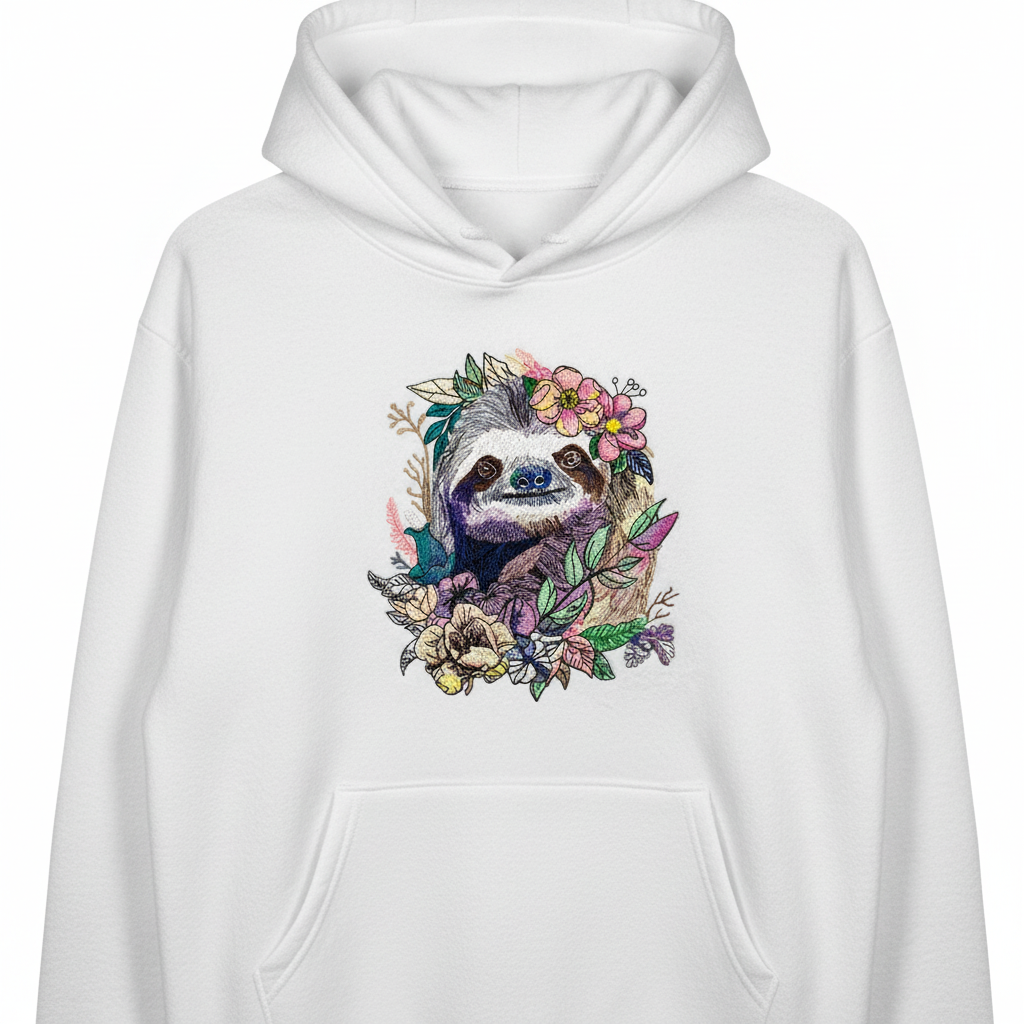 Floral Sloth Machine Embroidered Hoodie – Hand Finished in Dubai | EmbroMania