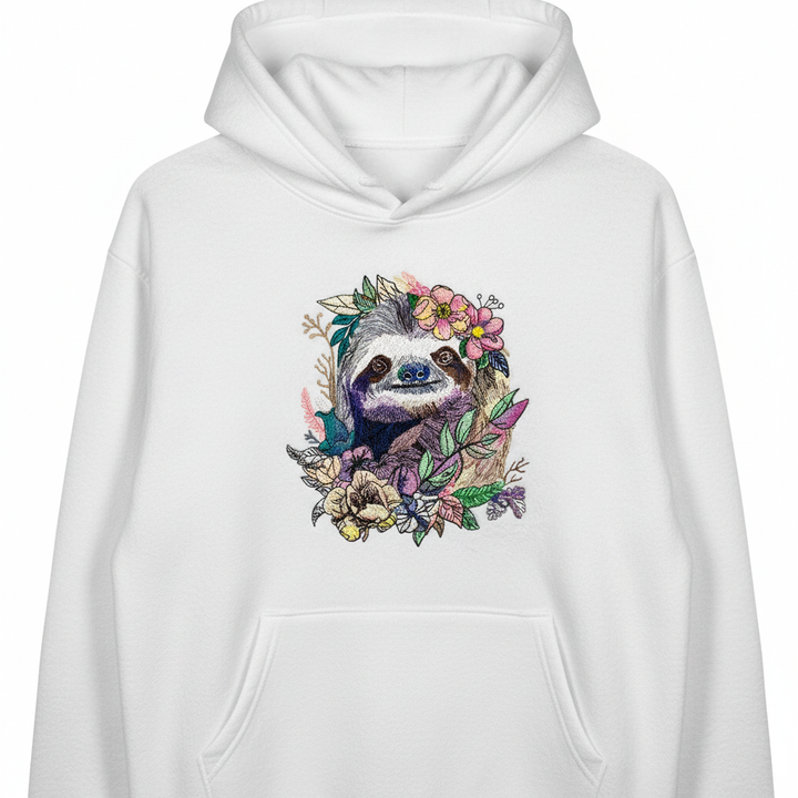 Floral Sloth Machine Embroidered Hoodie – Hand Finished in Dubai | EmbroMania