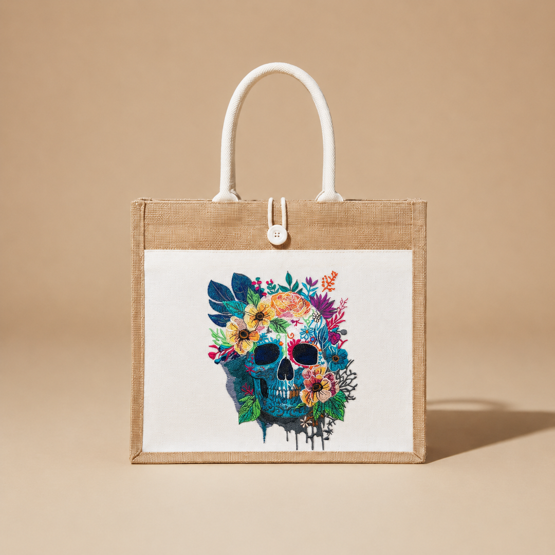 Tote bag with a colorful skull design on a beige background