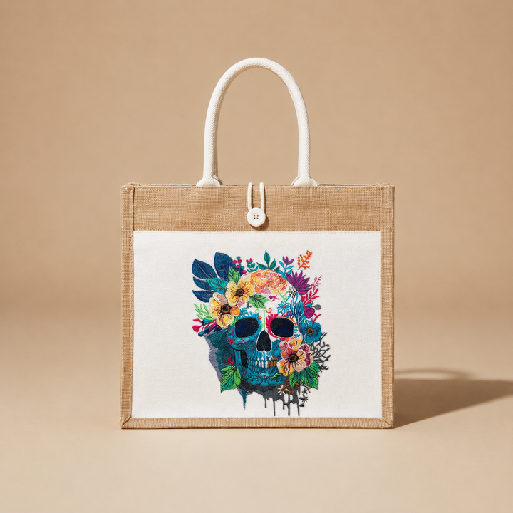 Tote bag with a colorful skull design on a beige background