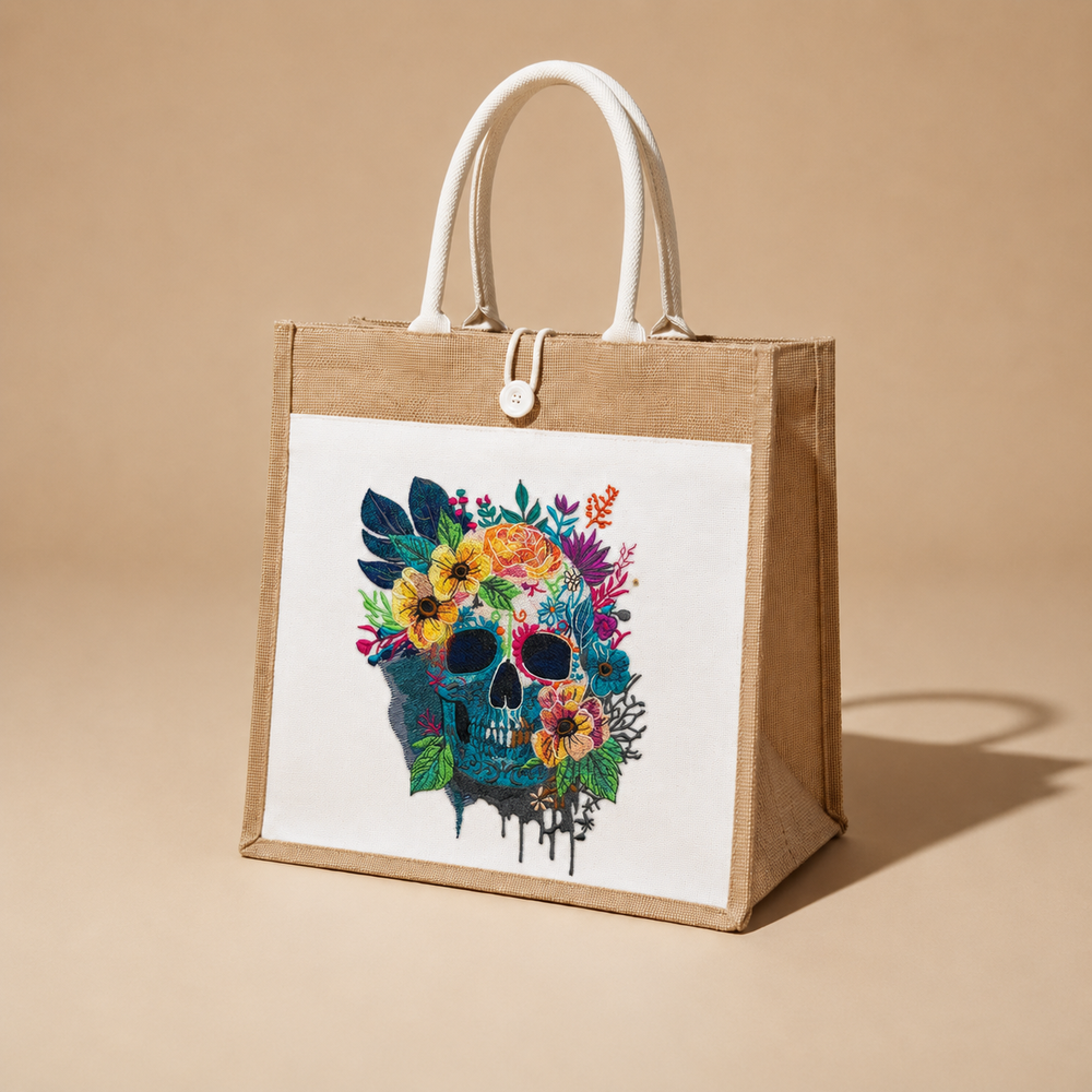 Brown tote bag with a colorful skull and floral design on a beige background