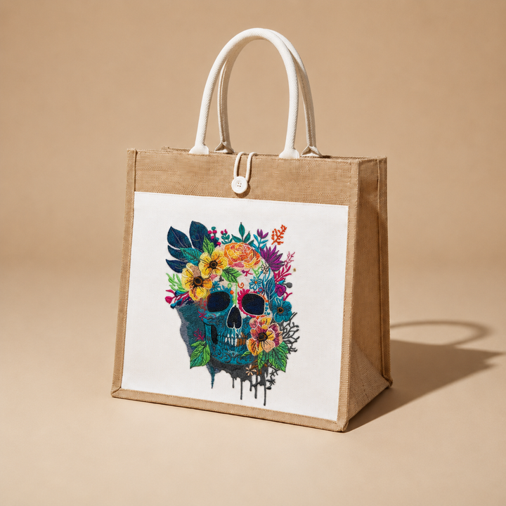 Brown tote bag with a colorful skull and floral design on a beige background