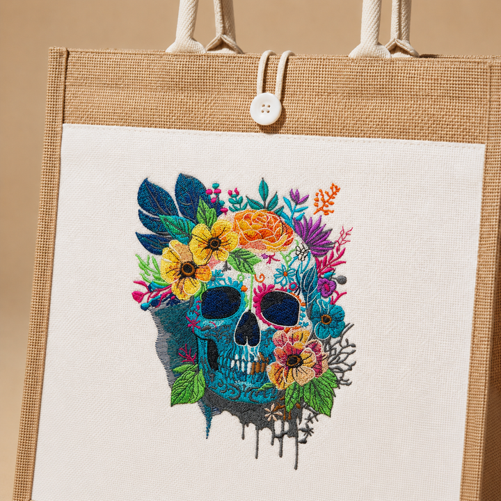 Embroidered skull design with colorful flowers on a beige tote bag.