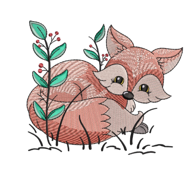 Embroidered design of a fox surrounded by leaves and branches on a white background