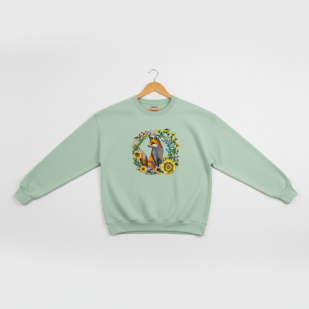 Wild Sunflower Fox — Premium Embroidered Unisex Crewneck | Original EmbroMania Design