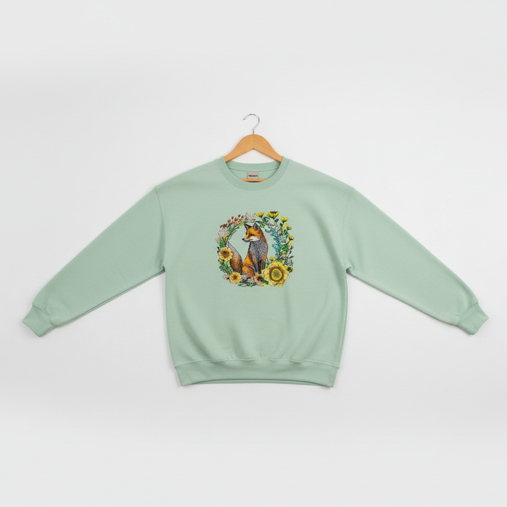 Wild Sunflower Fox — Premium Embroidered Unisex Crewneck | Original EmbroMania Design