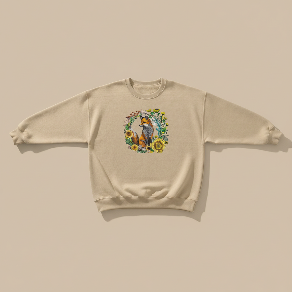 Wild Sunflower Fox — Premium Embroidered Unisex Crewneck | Original EmbroMania Design