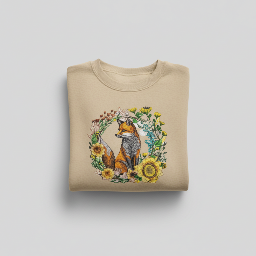 Wild Sunflower Fox — Premium Embroidered Unisex Crewneck | Original EmbroMania Design