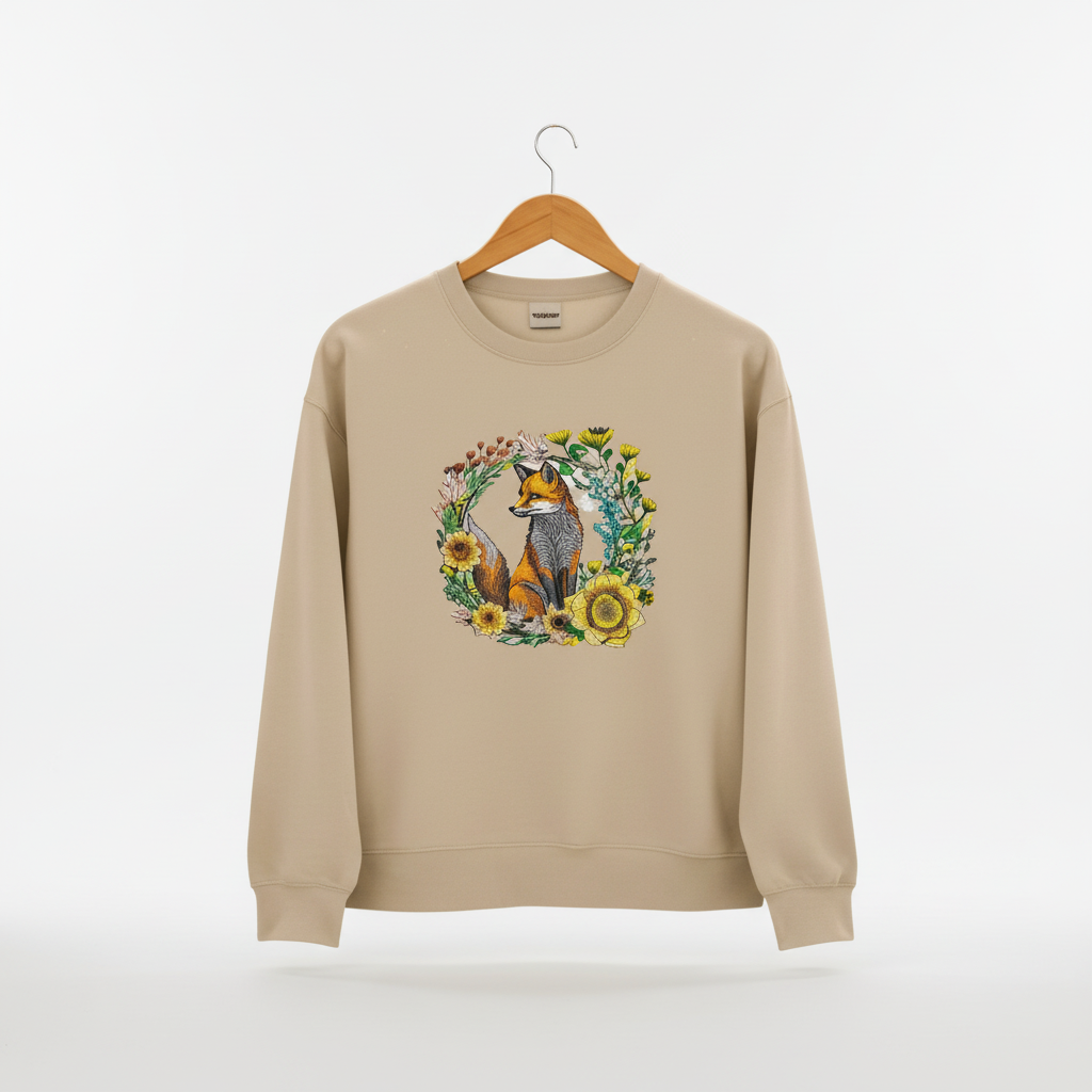 Wild Sunflower Fox — Premium Embroidered Unisex Crewneck | Original EmbroMania Design