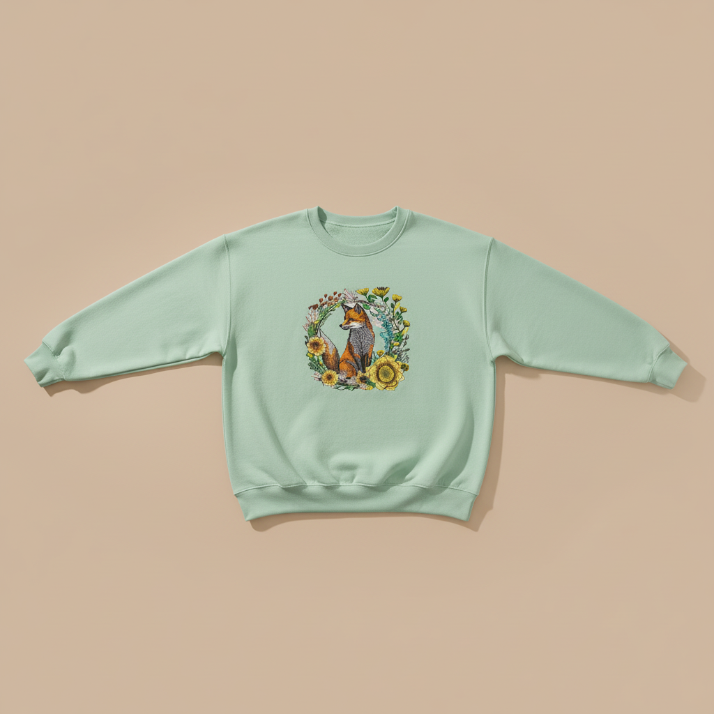 Wild Sunflower Fox — Premium Embroidered Unisex Crewneck | Original EmbroMania Design