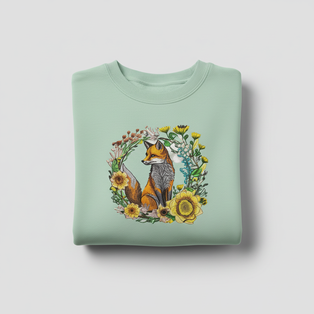 Wild Sunflower Fox — Premium Embroidered Unisex Crewneck | Original EmbroMania Design