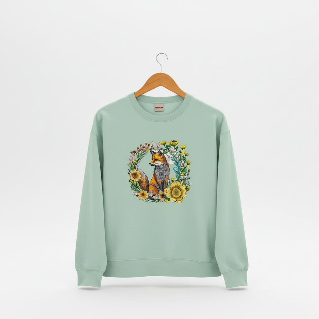 Wild Sunflower Fox — Premium Embroidered Unisex Crewneck | Original EmbroMania Design