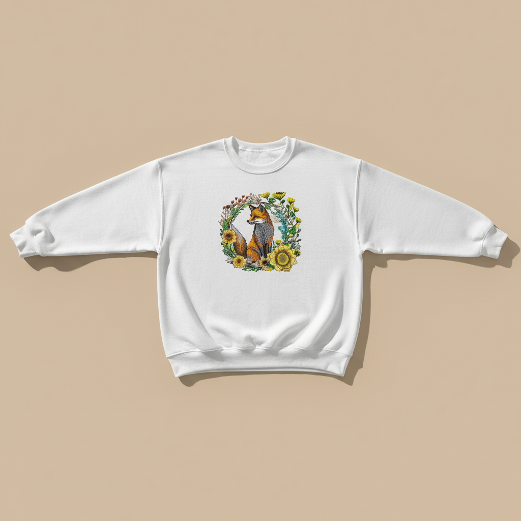 Wild Sunflower Fox — Premium Embroidered Unisex Crewneck | Original EmbroMania Design