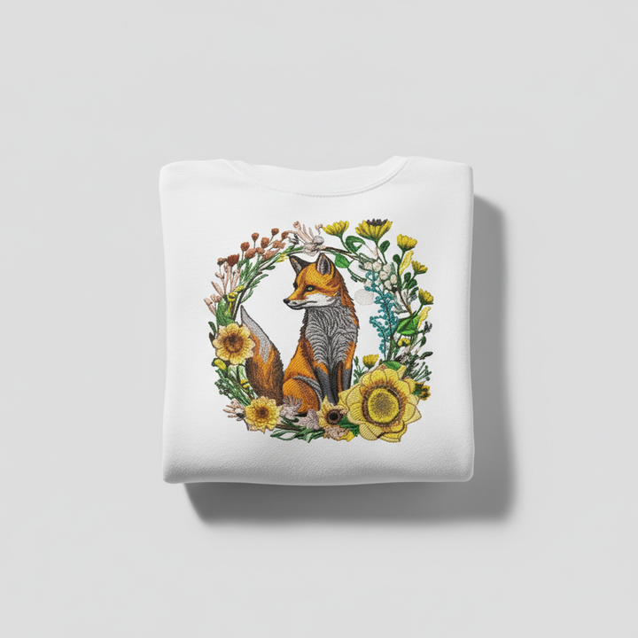 Wild Sunflower Fox — Premium Embroidered Unisex Crewneck | Original EmbroMania Design