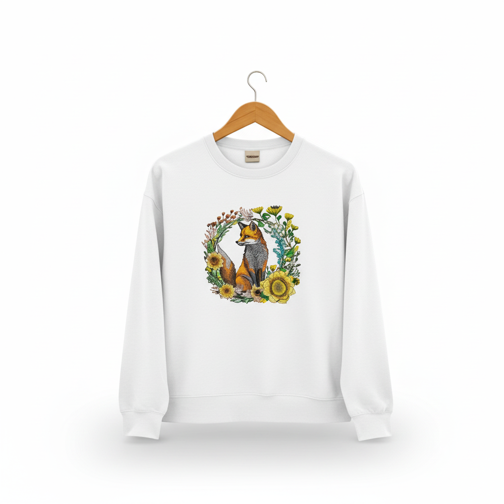 Wild Sunflower Fox — Premium Embroidered Unisex Crewneck | Original EmbroMania Design