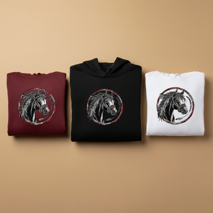 Free Spirit Horse Circle Machine Embroidered Hoodie – Hand Finished in Dubai | EmbroMania