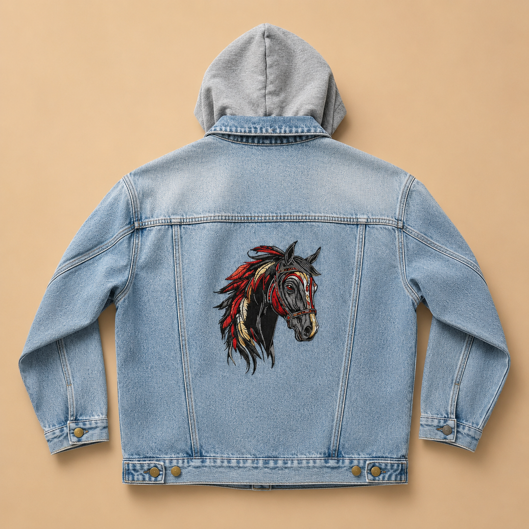 Free Spirit Horse Emblem – Denim Hoodie Jacket Mockup | Hand Finished in Dubai
