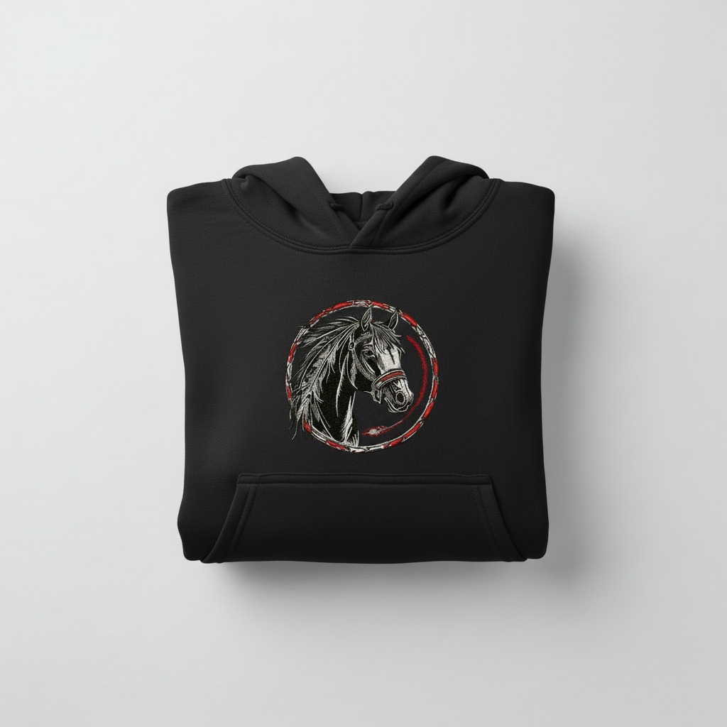 Free Spirit Horse Circle Machine Embroidered Hoodie – Hand Finished in Dubai | EmbroMania