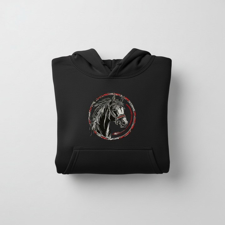 Free Spirit Horse Circle Machine Embroidered Hoodie – Hand Finished in Dubai | EmbroMania