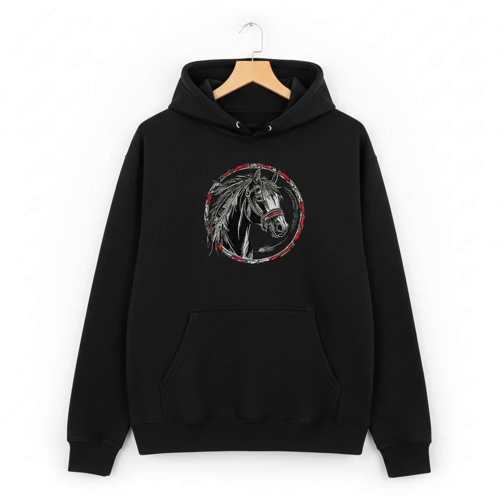 Free Spirit Horse Circle Machine Embroidered Hoodie – Hand Finished in Dubai | EmbroMania