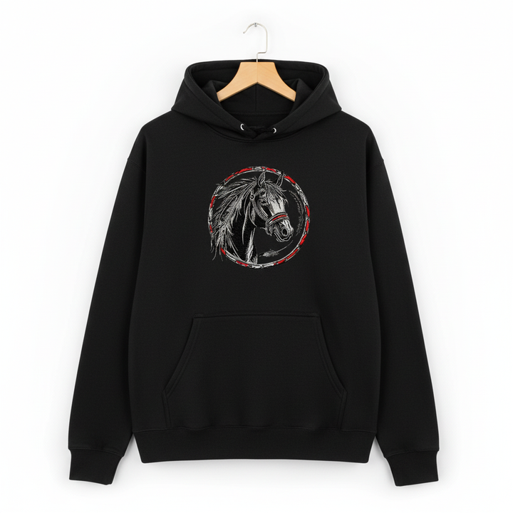 Free Spirit Horse Circle Machine Embroidered Hoodie – Hand Finished in Dubai | EmbroMania
