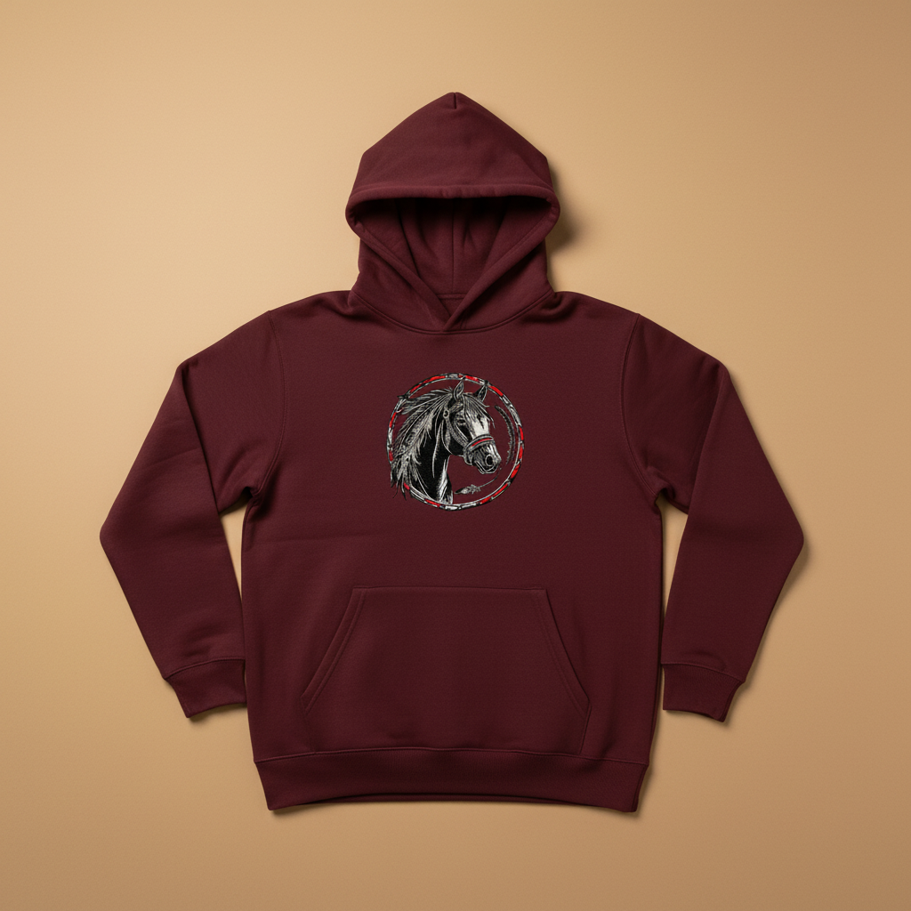 Free Spirit Horse Circle Machine Embroidered Hoodie – Hand Finished in Dubai | EmbroMania